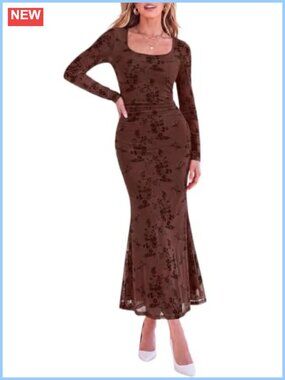 Formal Floral Mesh Maxi Dress Square Neck Long Sleeve Wedding Guest
